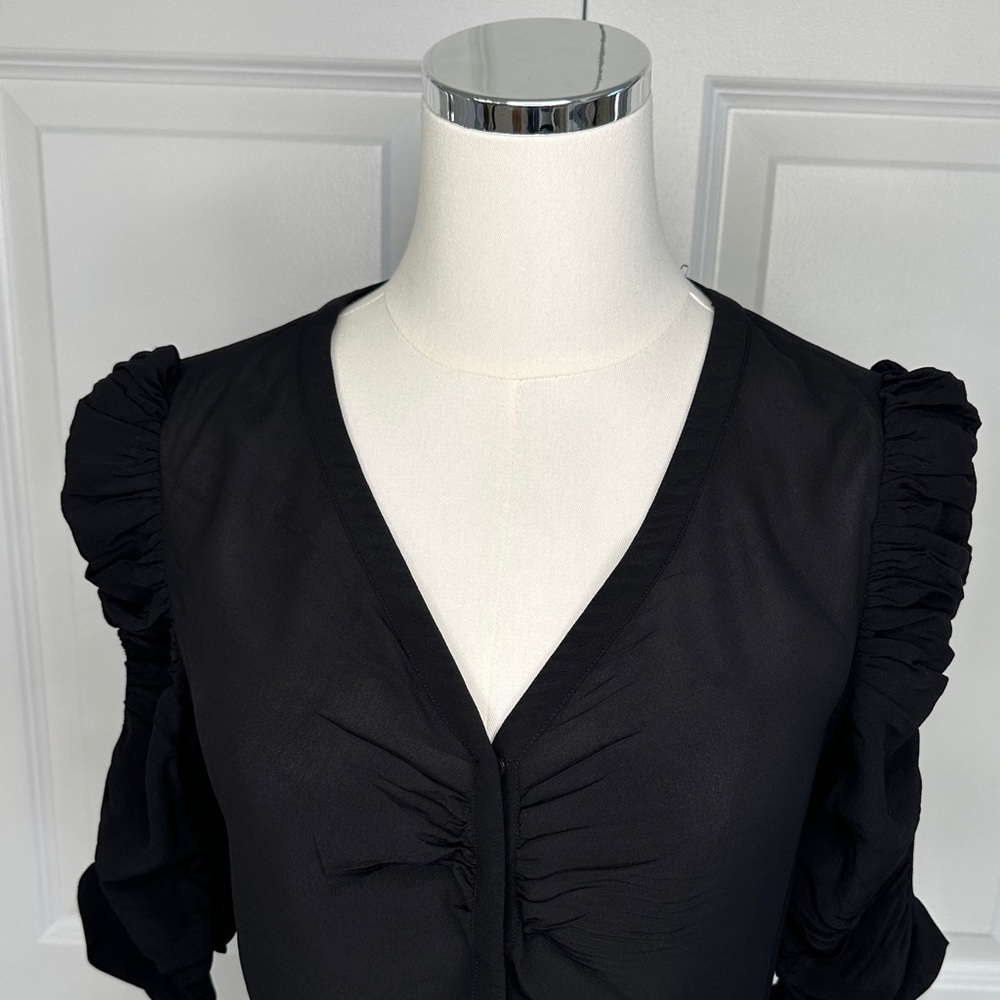 & Other Stories Black Silk Viscose Peplum Ruffled String Sleeve Blouse Size 4 - Picture 3 of 12